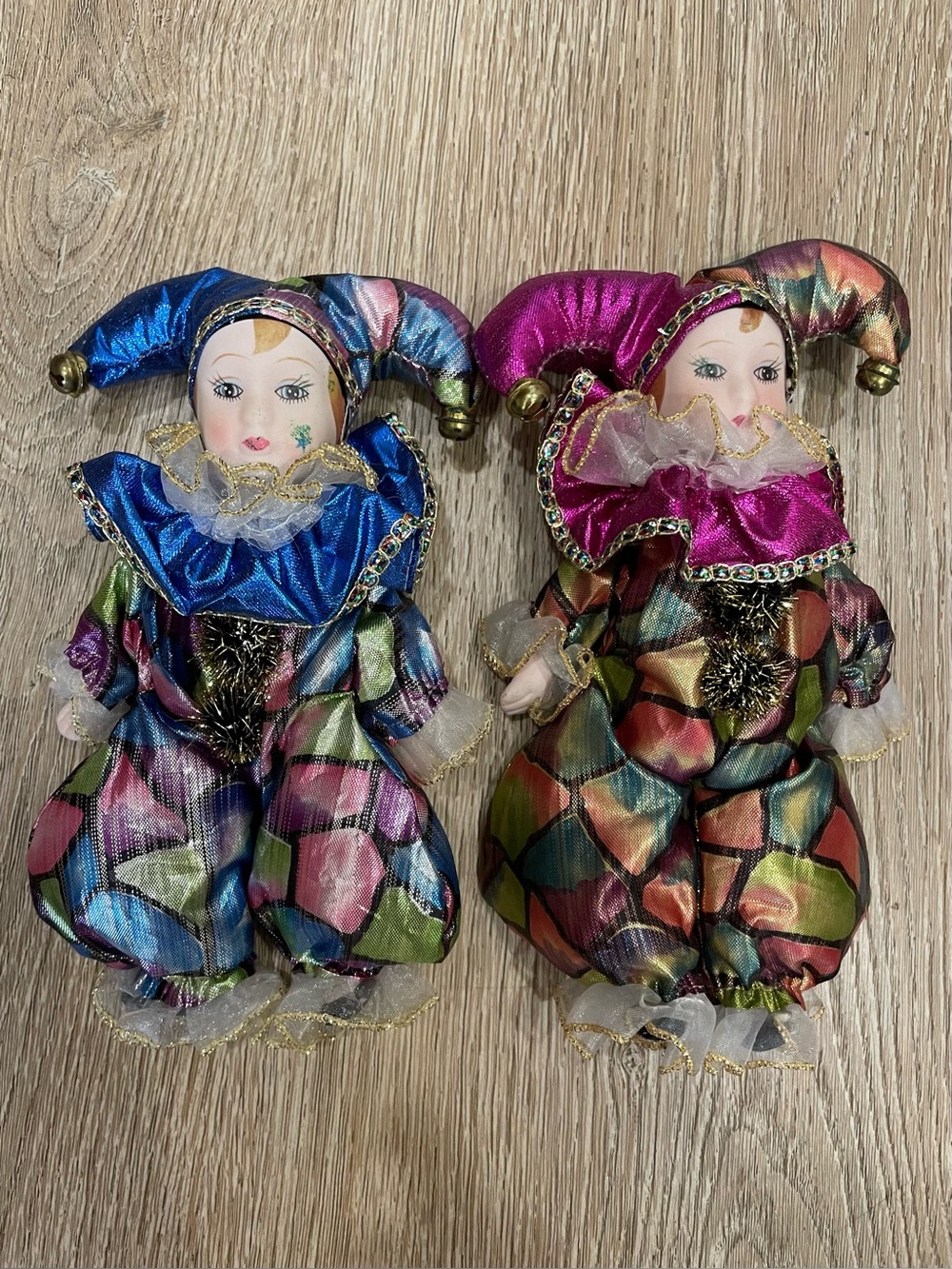 Vintage Porcelain Harlequin Jester Doll Pair Blue & Pink Metallic Costumes 9”